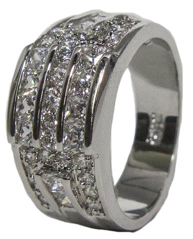 Women's Rhodium Plated Dress Ring Princess and Round Cut CZ 011