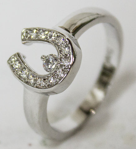 Women's Rhodium Plated Dress Ring CZ Encrusted Horseshoe 097