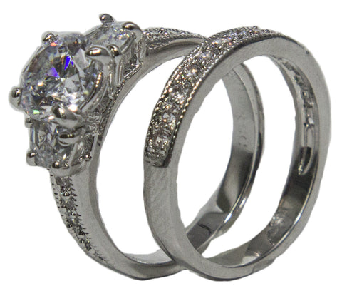 Women's Rhodium Plated Dress Rings Engagement and Band Set CZ 007