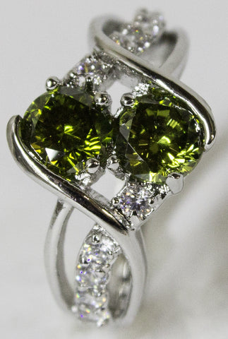 Women's Rhodium Plated Dress Ring Ornate Green and White CZ 040