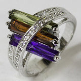 Women's Rhodium Plated Dress Ring Purple Red Green CZ 043