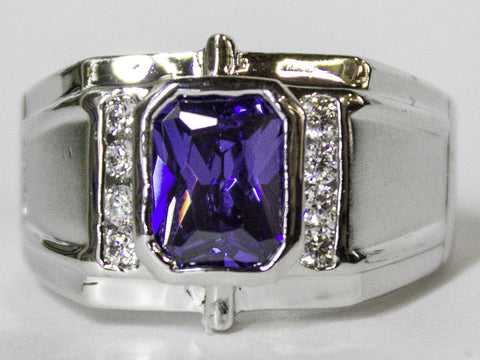 Men's Rhodium Plated Dress Ring Montana Steel Emerald Cut CZ 075