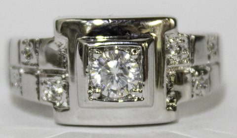 Men's Rhodium Plated Dress Ring Brilliant Cut CZ Square Setting 076