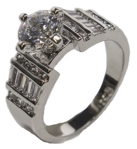 Women's Rhodium Plated Dress Ring Round Cut CZ 020