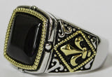 Men's Rhodium Plated Dress Ring Genuine Onyx and Fleur De Lis 065