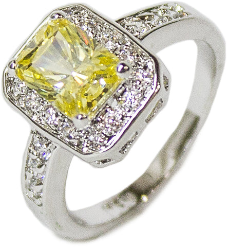 Women's Rhodium Plated Dress Ring Emerald Cut Canary CZ 101