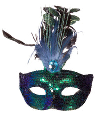 Costume Accessory - Sequin Covered Carnival Mask w/ Feathers & Faux Gem