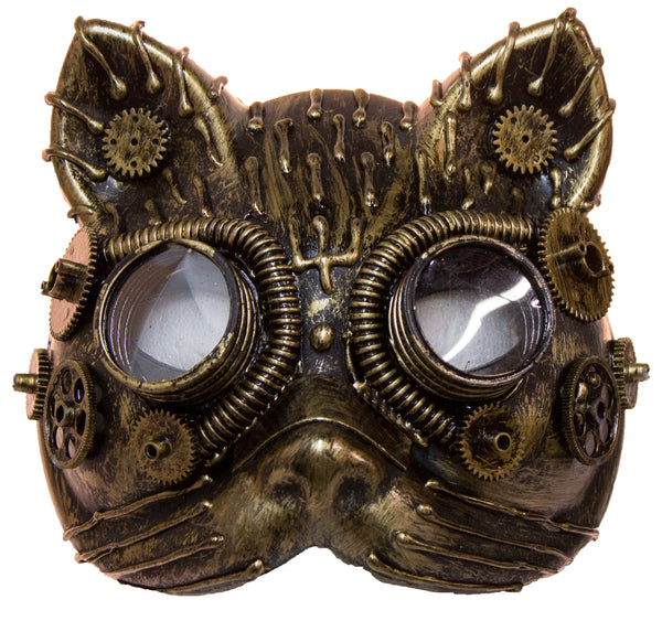 Costume Accessory - Antiqued Plastic Steampunk Cat Mask w/ Built in Goggles