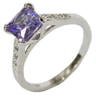 Women's Rhodium Plated Dress Ring Princess Cut Lavender CZ 116