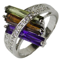 Women's Rhodium Plated Dress Ring Purple Red Green CZ 043