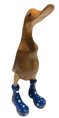 9.5 Inch Hand Painted Wooden Duck Figurine with Brightly Colored Polka Dot Rain Boots
