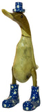 9.5 Inch Hand Painted Wooden Duck Figurine with Brightly Colored Polka Dot Rain Boots