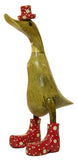9.5 Inch Hand Painted Wooden Duck Figurine with Brightly Colored Polka Dot Rain Boots