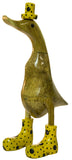 9.5 Inch Hand Painted Wooden Duck Figurine with Brightly Colored Polka Dot Rain Boots