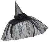 Mini Silver Witch Hat Headband w/ Flowers and Lace Veil