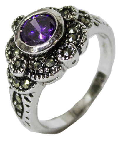 Women's Rhodium Plated Dress Ring Amythest CZ and Marcasite 055