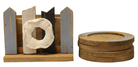 Set of Four Nautical Life Ring Coasters in Decorative Picket Fence Holder