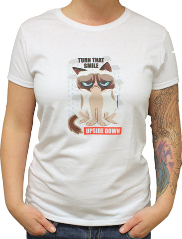 Grumpy Cat Turn That Smile Upside Down Juniors Crewneck T Shirt (X-Large)