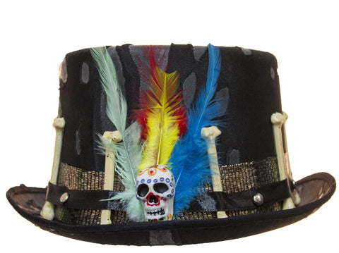 Black Voodoo Top Hat w/ Feathers, Skull & Faux Snake Band