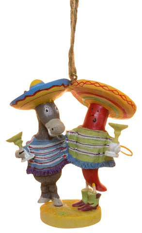 Chili Pepper and Burro Wearing Sombreros Holding Cocktails Ornament