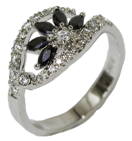 Women's Rhodium Plated Dress Ring Black and White CZ Flower 039