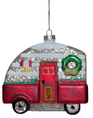 Christmas Camper Blown Glass Ornament With Glitter (Red)