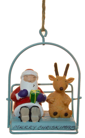 Funny Christmas Ornament "Merry Chri-SKI-Mas" Santa & Reindeer On Ski Lift