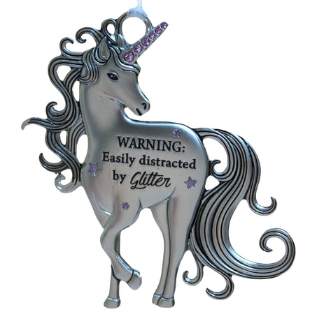 3 Inch Inspirational Zinc Unicorn Ornament - Warning: Distracted by Glitter
