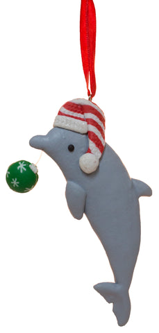 Dolphin with Ball Wearing Santa Hat Clay Christmas Ornament