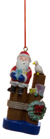 Santa On Piling w/ Seagull Christmas Ornament