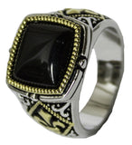 Men's Rhodium Plated Dress Ring Genuine Onyx and Fleur De Lis 065