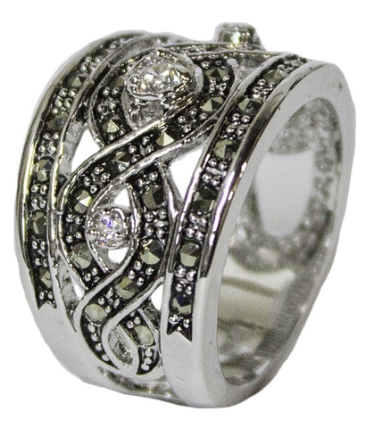 Women's Rhodium Plated Dress Ring Marcasite and CZ Band 50