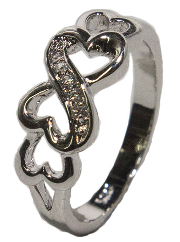 Women's Rhodium Plated Dress Ring Interlocking Hearts with CZ 022