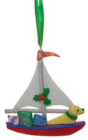 Dog On Sailboat w/ Presents Clay Christmas Ornament