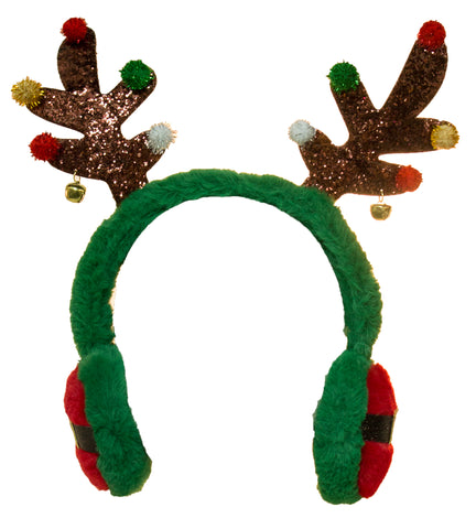 Christmas Accessory - Glitter Reindeer Antler Headband w/ Earmuffs