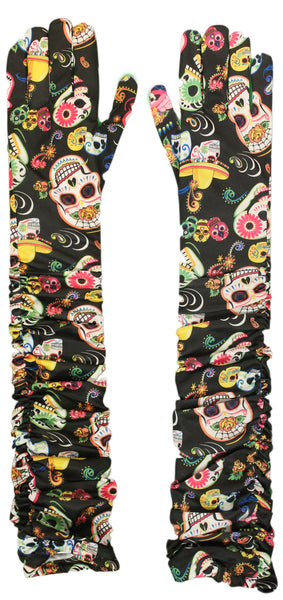 Costume Accessory - Day of the Dead All Over Print Long Rouched Gloves
