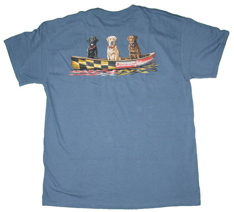 Men's Dog Lovers 3 Labradors On A Canoe Screen Printed T-Shirt
