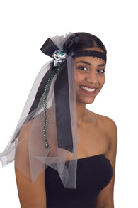 Costume Accessory- Skull and Ribbon Elastic Headband w/ Glitter and Lace