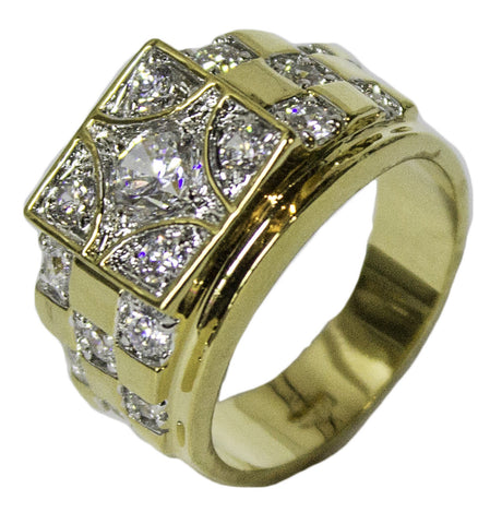Men's18 Kt Gold Plated Dress Ring Square CZ Pattern 074
