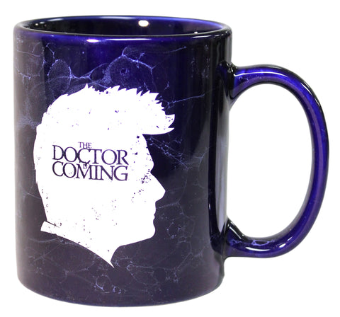 The Doctor is Coming Parody 12 oz Marbled Blue Ceramic Coffee Mug
