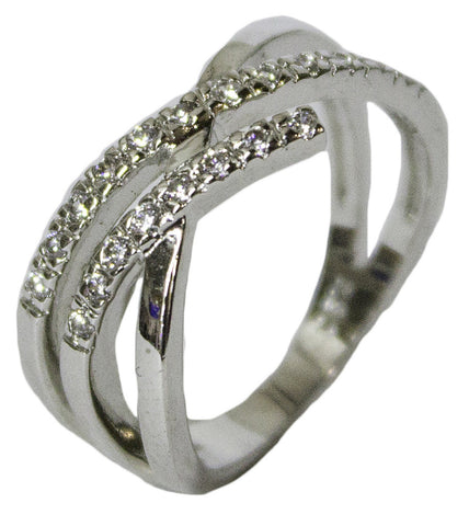 Women's Rhodium Plated Dress Ring Bypass Band with CZ 058