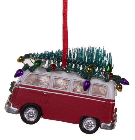 Light Up Resin Ornament- Old Style Van With Tree With Lights