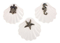 Turtle Starfish Seahorse Sealife on White Ceramic Clam Ring Holder Set of 3