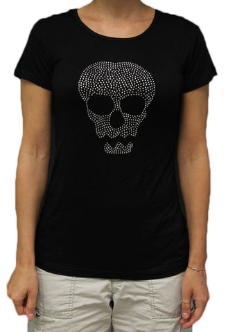 Rhinestone Skull Ladies Black Rayon Form Fitting T-shirt