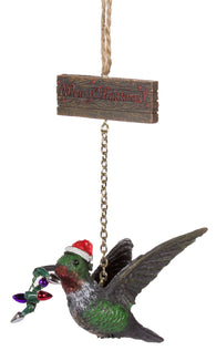 Christmas Ornament- Hummingbird w/ Santa Hat & Merry Christmas Sign