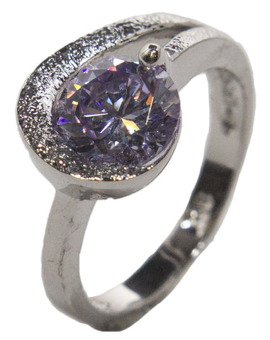 Women's Rhodium Plated Dress Ring Lavender Round Cut CZ 013