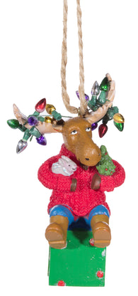 Christmas Ornament- Moose Sitting On Present w/ Lights on Antlers