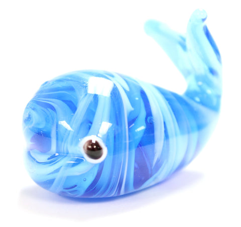 Blue and White Swirled 2" Glass Whale Figurine with Gift Box