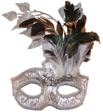 Silver Carnival Mask w/ Feathers & Leaves