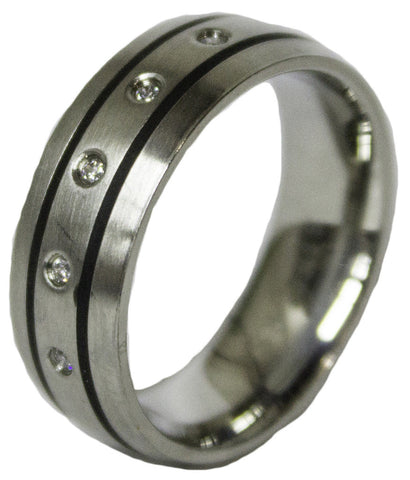Men's Stainless Steel Dress Ring Black Enamel Channel and CZ 069
